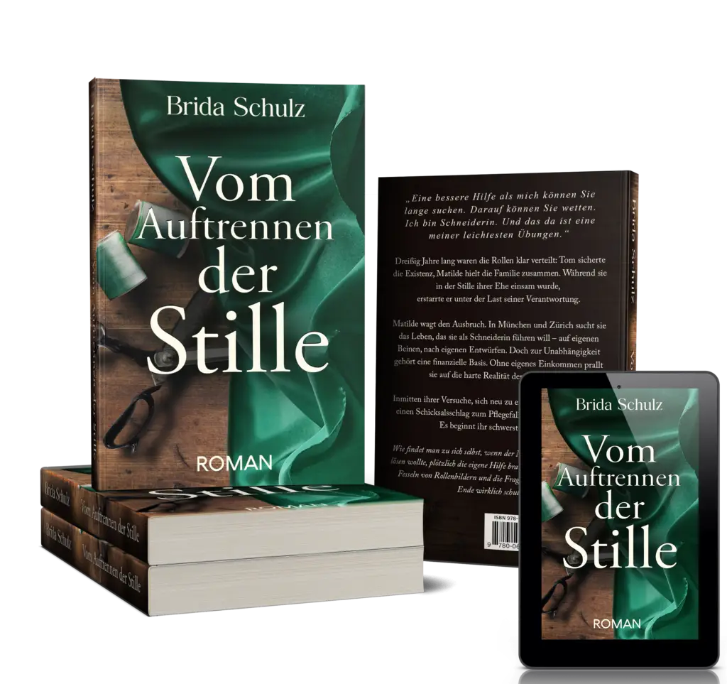 Mockup des Debütromans von Brida Schulz mit dem Titel "Vom Auflösen der Stille", ein 320-seitiges Werk der Upmarket Fiction.