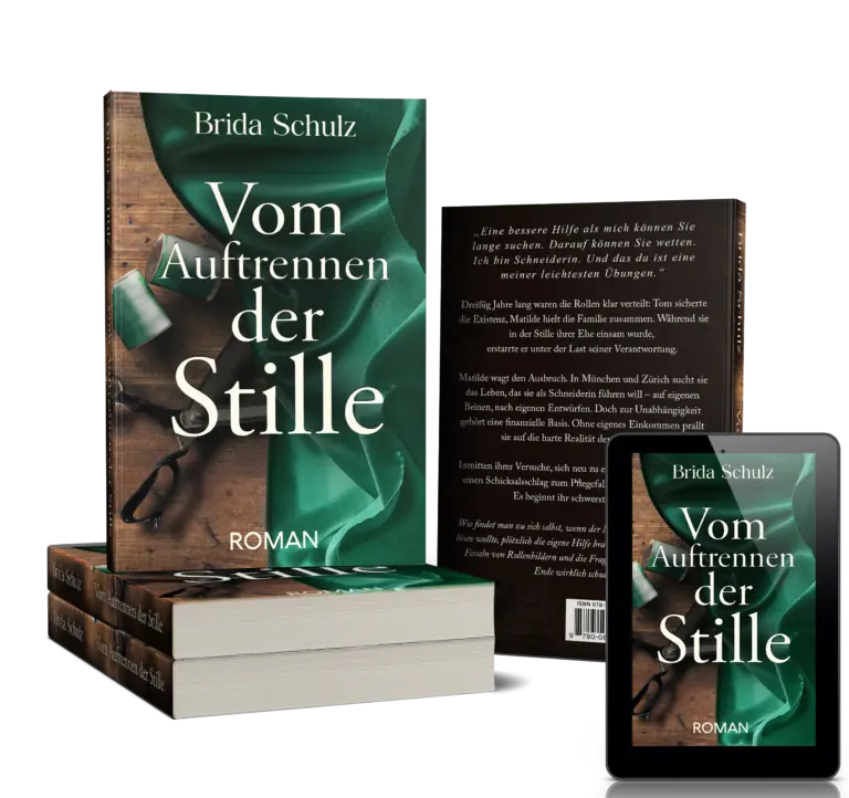 Mockup des Debütromans von Brida Schulz mit dem Titel "Vom Auflösen der Stille", ein 320-seitiges Werk der Upmarket Fiction.